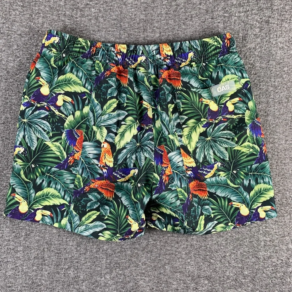 OAS Swim Trunks Men Medium Forrest Floral Birds Beach Coastal Nautical Lined
